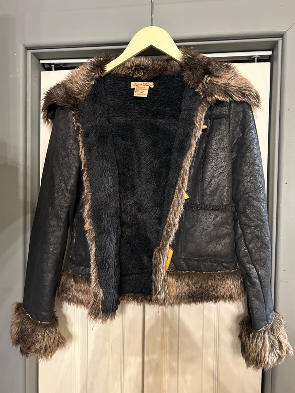 Paris Blues Black Faux Shearling Jacket with Brown Trim